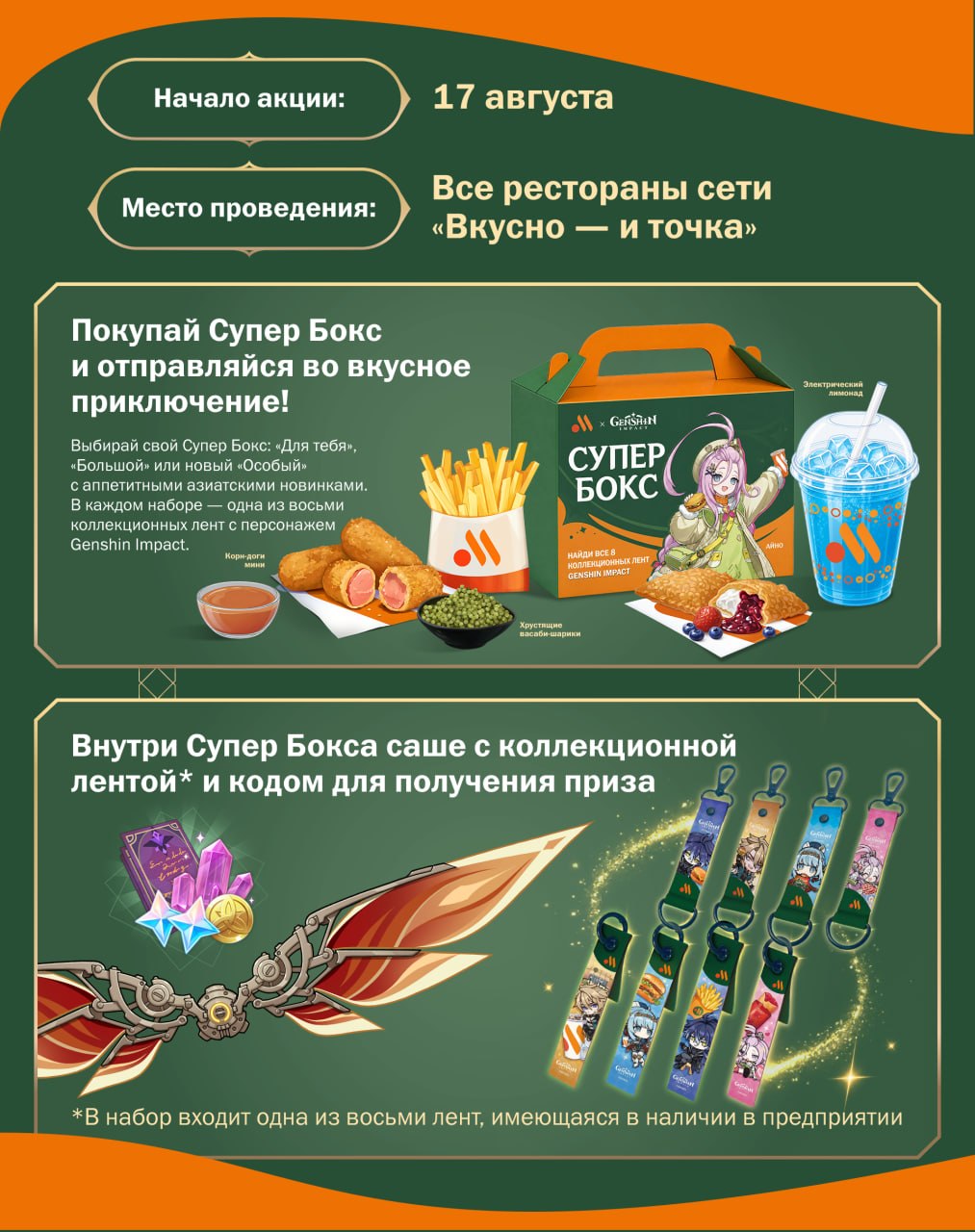 Эксклюзивная коллаборация Genshin Impact и «Вкусно — и точка» — новый планер, Камни Истока и лимитированный мерч!
